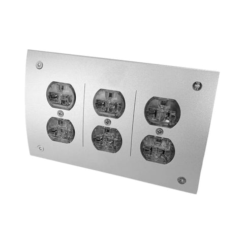 Top Shelf Six Socket 110V Filtered Power Strip And Audiophile Conditioner For Pro Audio Rigs Plus Home Theater Setup, six outlet power strip with a sleek gray finish.