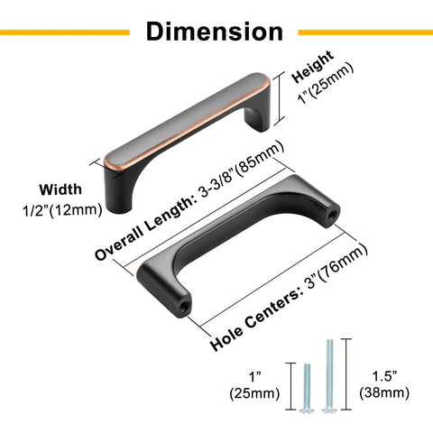Diagram of 10 Pack Antique Brass Drawer Pulls 3 Inch Vintage Cabinet Handles with dimensions and screws included