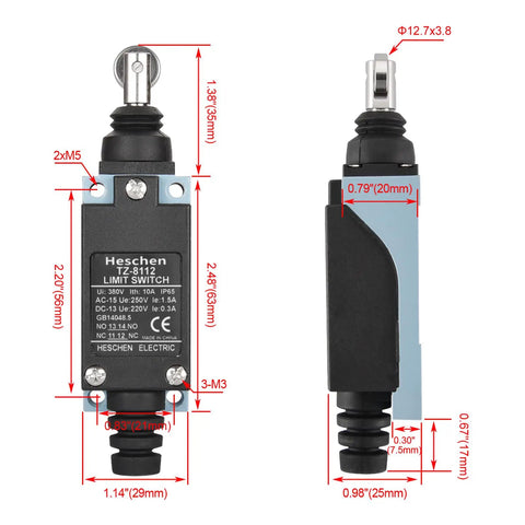 Workhorse Industrial Grade Limit Switch With Parallel Roller Plunger Enclosed 1NO 1NC Momentary 250VAC 10A dimensions view