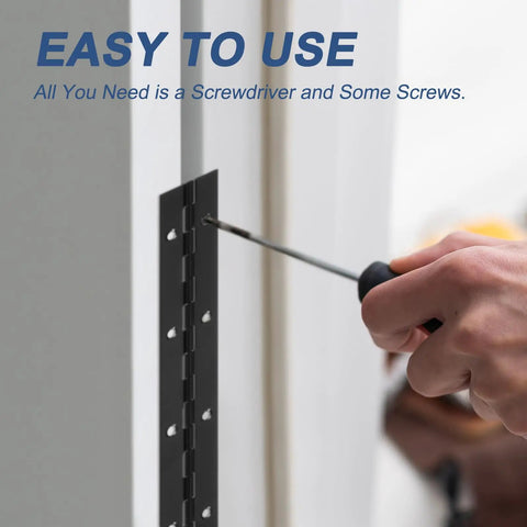 Hella Durable Black 24 X 2 Inch Stainless Steel Piano Hinge With Pre Drilled Holes being installed using a screwdriver.