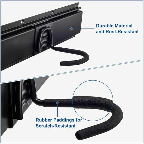 Beefy Garage Wall Mount Bike Storage Rack Holds Up To 6 Bicycles And 5 Helmets, close-up of rubber-padded durable steel hooks