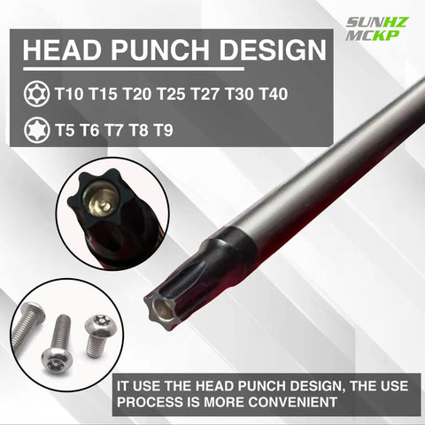 Close-up of Torx Screwdriver Set showing T5-T40 sizes with head punch design and magnetic tips for efficiency.