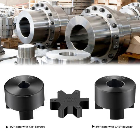 Front view of 3-piece L-jaw coupling set for log splitter; 1/2" and 3/4" bores with keyways; two hubs and Buna-N spider