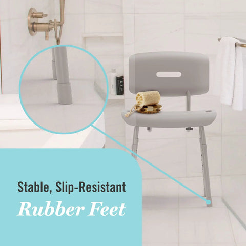 Euro Style Shower Chair With Microban for Disabled and Seniors, adjustable legs, slip-resistant rubber feet, bathroom setup