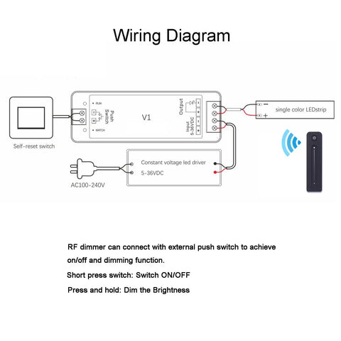 Wiring diagram for Led Dimmer Switch With Remote For 5-36V Single Color Led Tape Brightness Control Magnetic Wall Mount RF Wireless 2.4GHz