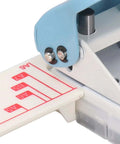 Close-up of 3 Hole Paper Puncher For Office Or DIY Projects, Handheld 5 Sheet Capacity, showing size guide and punch holes.