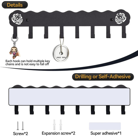 Adhesive Wall Key Holder With 8 Hooks No Drill Key Rack Easy Install Matte Black Finish, shown with accessories and installation options.