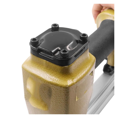 Top view of No Sweat Heavy Duty Oil Free Pneumatic Staple Gun F50 Air Brad Nailer showing driver set and rubber grip.