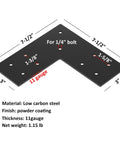 4 Pack Flat Mending Plates For 4x4 Posts Heavy Duty L Shaped Corner Braces Post To Beam Connectors Seven And A Half Inch Long By Three Inch Wide 11 Gauge Carbon Steel Powder Coated Black, showing detailed dimensions and specifications on a black background.