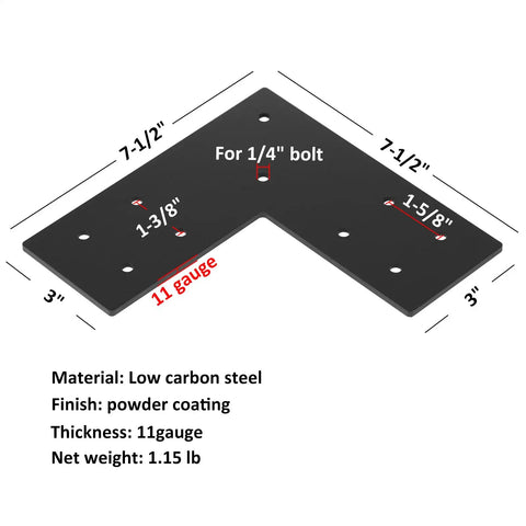 4 Pack Flat Mending Plates For 4x4 Posts Heavy Duty L Shaped Corner Braces Post To Beam Connectors Seven And A Half Inch Long By Three Inch Wide 11 Gauge Carbon Steel Powder Coated Black, showing detailed dimensions and specifications on a black background.