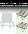 Adjustable legs and forks of Top Rated MechMaxx 2640 Lb Lithium Ion Electric Straddle Stacker for pallet compatibility.