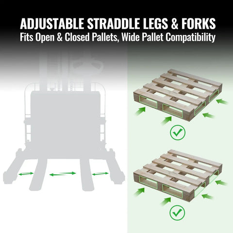 Adjustable legs and forks of Top Rated MechMaxx 2640 Lb Lithium Ion Electric Straddle Stacker for pallet compatibility.