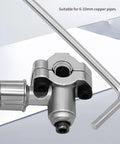 Front view of refrigeration needle valve kit BVP31 with wrenches; silver aluminum body for 6–10 mm copper pipes