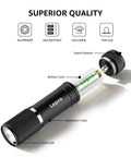 Compact LED Mini Flashlight With Tiny But Mighty Brightness, showing aluminum tube, AAA battery, and 150-lumen 3535 LED