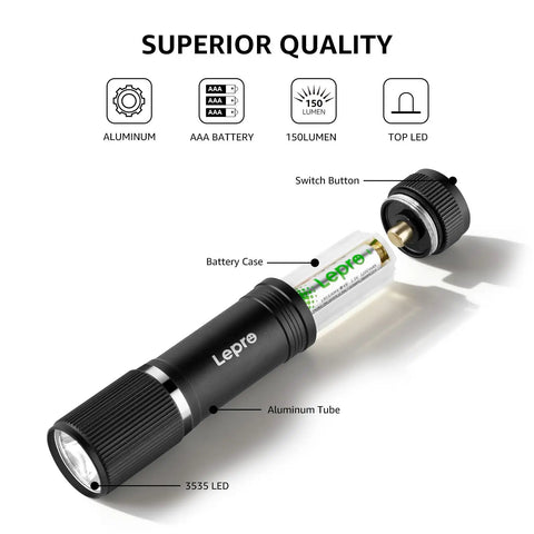 Compact LED Mini Flashlight With Tiny But Mighty Brightness, showing aluminum tube, AAA battery, and 150-lumen 3535 LED