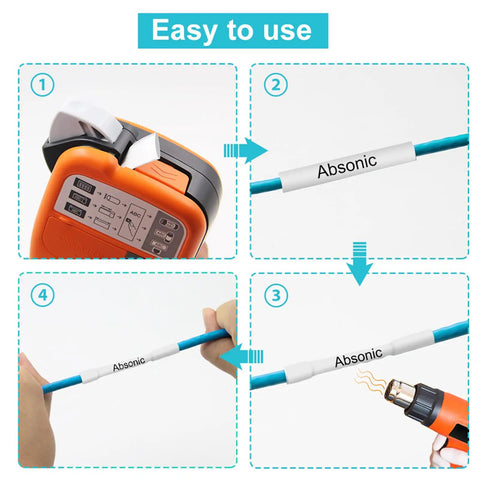 Three Pack Heat Shrink Label Tape Features Smooth Peeling And Rock Solid Grip Perfect For Taming Rogue Cables And Tools Without Any Drama While Delivering Crisp Black On White Prints That Truly Hit Different Every Single Use You Get, shown in use with a heat gun and cable.