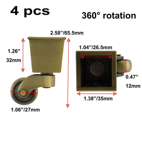 4 Pack Swivel Caster Wheels For Furniture With Square Cup Castors 360 Degree Rotation Quiet Ball Bearings Heavy Duty 150kg Load Fits Piano Feet Sofas And Tables Includes Screws 1.06 Inch (27mm) Wheels