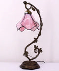 Pink Tiffany Style Stained Glass Table Lamp With Metal Leaf Base, curvy bronze vine stem, 8x10x21 Inch for home office use.