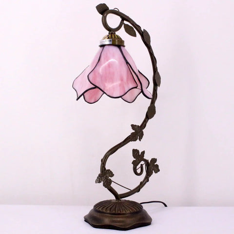 Pink Tiffany Style Stained Glass Table Lamp With Metal Leaf Base, curvy bronze vine stem, 8x10x21 Inch for home office use.