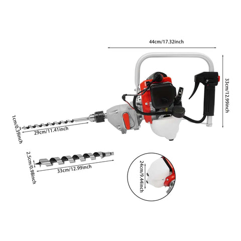 Kickass 25.4cc Gasoline Punch Drill And Concrete Breaker Kit with two tungsten bits, showing dimensions and design for professional use.