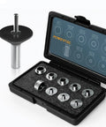 Solid Router Template Bushing Guide Set With Nine Sizes Fits All Porter Cable Sub Bases A Total Game Changer For Dedicated Woodworkers Craving Flawless Cuts Daily in a durable carry case with metal rings.