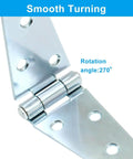 Close-up of 5 inch strap hinge in open position, showcasing smooth turning and rotation angle, 2 Pack 5 Inch Strap Hinges With Screws For Wood Gates Doors Cabinets Heavy Duty Tee Hinges Black Finish Corrosion Resistant Iron Construction Includes Installation Hardware Durable Easy Mounting Design For Quick Installation.