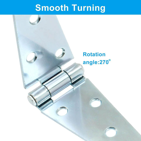 Close-up of 5 inch strap hinge in open position, showcasing smooth turning and rotation angle, 2 Pack 5 Inch Strap Hinges With Screws For Wood Gates Doors Cabinets Heavy Duty Tee Hinges Black Finish Corrosion Resistant Iron Construction Includes Installation Hardware Durable Easy Mounting Design For Quick Installation.