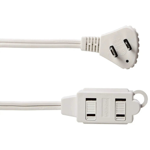Close-up of Six Foot Two Prong Indoor Extension Cord Power Strip With Flat Plug And Play Convenience For Wall Flush Space Saver Design.