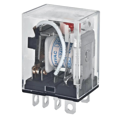 Pack Of 2 Dope General Purpose Power Relay With DPDT Contacts 10A Load 24VAC Coil housed in clear casing, side angle view.
