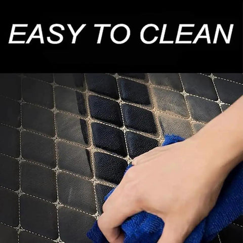 Cleaning Heavy Duty Custom Trunk Mat For Tesla Cybertruck 2024 Model Premium PU Leather Cargo Liner with blue cloth.