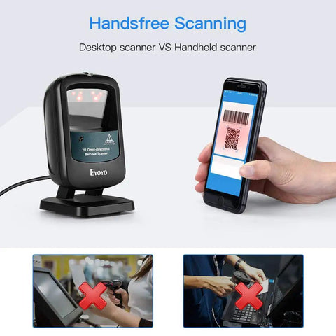 Hands Free 2D Barcode Scanner With Omnidirectional Scanning USB Wired Desktop Reader in retail use next to mobile scanning