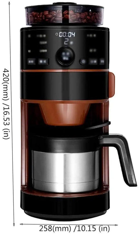 Front view of a Portable Espresso Machine For Home Or Office On The Go With Stainless Steel Filter, Vacuum Insulation, Conical Burr Grinder.