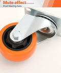 Built Tough Heavy Duty Three Inch Caster Set Of Four With Twin Straight Front Runners Paired With Nimble Rear Swivel Hubs Wrapped In Bright Orange Polyurethane for smooth movement.