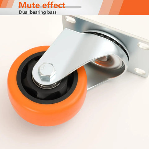 Built Tough Heavy Duty Three Inch Caster Set Of Four With Twin Straight Front Runners Paired With Nimble Rear Swivel Hubs Wrapped In Bright Orange Polyurethane for smooth movement.