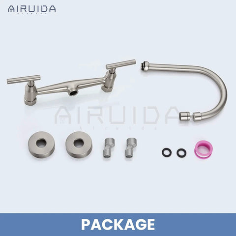Package contents of Workhorse Wall Mount Kitchen Faucet With 8 Inch Centers, Double Handles, 360 Degree Swivel Spout, Brushed Nickel.