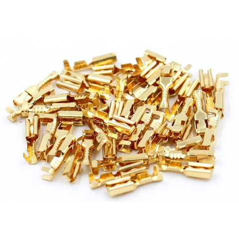 Pile of Gold Tone 2.8mm Spade Terminal Connectors, Female And Male Quick Splice Crimp, Non Insulated, 20-18 AWG, 2mm Cable Diameter