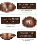 18 Gauge Pure Copper Oval Drop In Bathroom Sink Hand Hammered For Vanity Countertop 17 Inch Top Mount Copper Vanity Sinks For Powder Room Guest Bath Or Restroom with seamless design, hand-hammered texture, and durable build features.