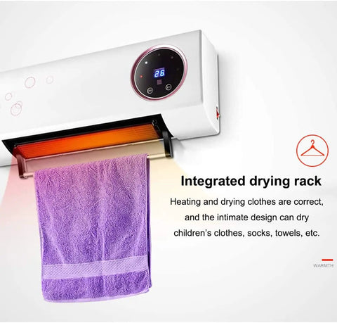 Top Tier Wall Mounted 2000W Ceramic PTC Heater For Bathrooms And Bedrooms With Remote Control Timer HD LCD Display And Built In Clothes Drying Rack featuring integrated drying rack with towel.