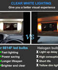 Comparison of Six Pack Festoon LED Bulbs Kit 28mm 29mm 6614F 6641 6612F with 9 SMD 4014 Chips against halogen bulbs in car mirror lighting.