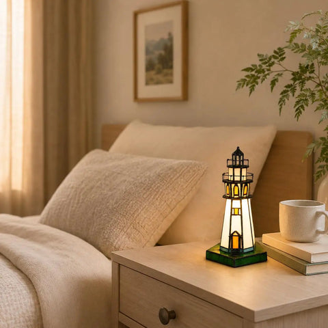 Lighthouse Style 10 Inch Tiffany Glass Table Lamp Handcrafted Stained Glass Accent Light For Home Decor LED Bulb Included Easy On Off Switch Lit Lighting For Living Room Or Nightstand on a bedroom nightstand