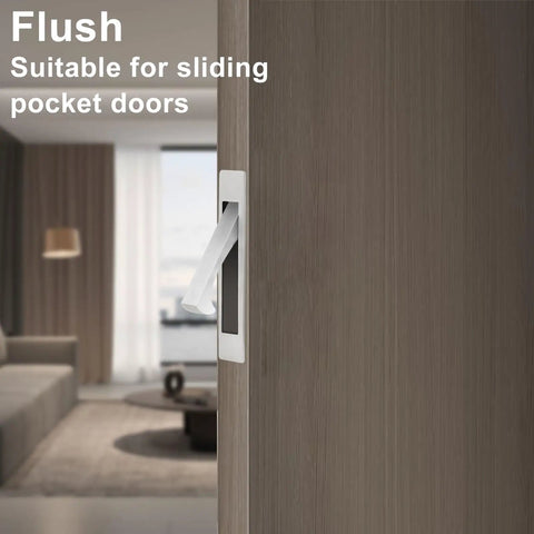 Heavy Duty Satin Nickel Pocket Door Handles Featuring Flush Edge Pull Design With Self Retracting Glide For No Sweat Indoor Outdoor Install Plus Tough As Nails 304 Stainless Steel Construction And Sleek Vibe in flush position on wooden door
