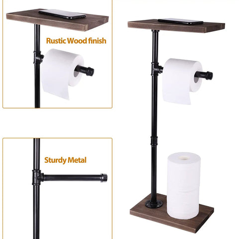 Dark Brown Toilet Paper Holder Stand For Bathroom, Sturdy Floor Or Counter Mount, Easy Refill, Sleek Rustic Design