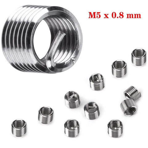 Close-up view of stainless steel M5 x 0.8 mm thread inserts from the M5 X 0.8 Thread Repair Kit with 25 Stainless Steel Inserts.