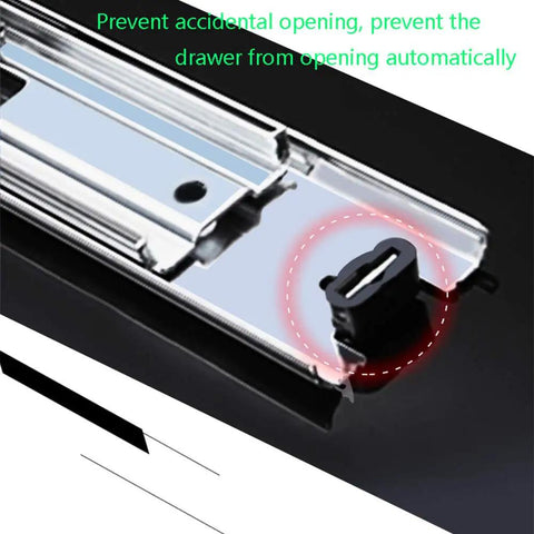 Telescoping Drawer Rails With Soft Close, Beefy And Heavy Duty Stainless Steel Slides, close-up of safety stop mechanism.