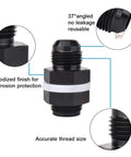 Close-up of 6AN To 6AN Male Flare Straight Fuel Line Bulkhead Fittings Aluminum Black Two Pack For High Pressure Fuel Lines with annotations.
