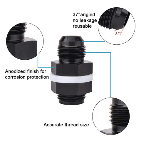 Close-up of 6AN To 6AN Male Flare Straight Fuel Line Bulkhead Fittings Aluminum Black Two Pack For High Pressure Fuel Lines with annotations.