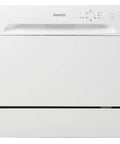Compact Countertop Dishwasher With No Sweat Faucet Hookup Six Place Setting Capacity Six Rapid Wash Cycles Heavy Duty Silverware Tray Matte White Build front view with buttons.