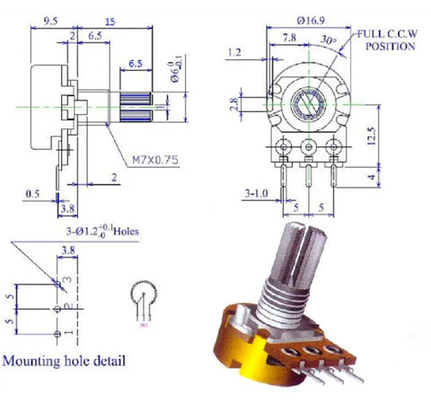 Technical diagram and close-up of two 1K Ohm linear taper rotary panel potentiometers with knurled shafts, panel mount.