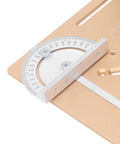Close-up of Precision Router Lift System For Woodworking Benches Boasting Rock Solid Aluminum Build with angle gauge.