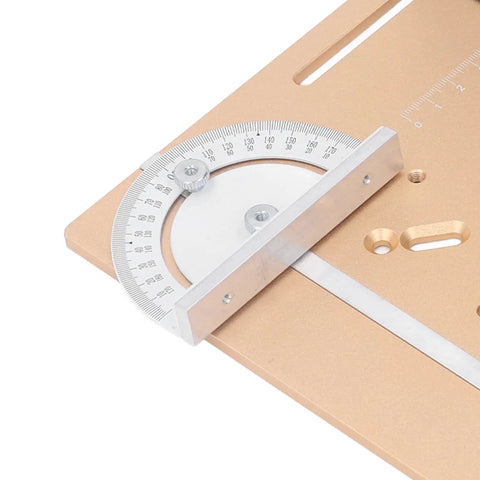 Close-up of Precision Router Lift System For Woodworking Benches Boasting Rock Solid Aluminum Build with angle gauge.